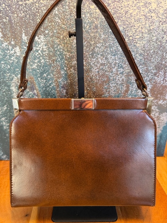 Vintage Mid Century Modern Brown Frame Bag Top Handle Leather Lined USA - Picture 14 of 16